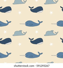 whale, swordfish and dolphin  pattern illustration vector.