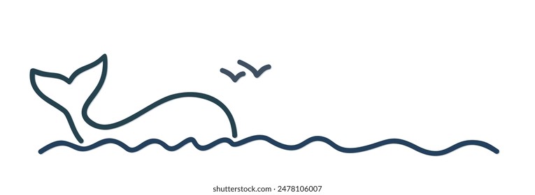 Whale symbol with blue sea and birds.
