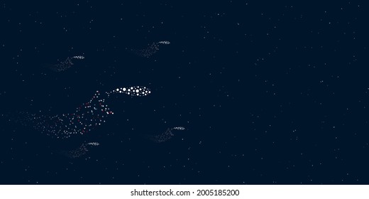 A whale symbol filled with dots flies through the stars leaving a trail behind. Four small symbols around. Empty space for text on the right. Vector illustration on dark blue background with stars