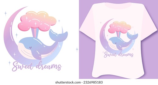 Whale for t shirts, nightie, clothes, kawaii cartoon cupcake with moon background vector sweet dreams slogan, for playroom