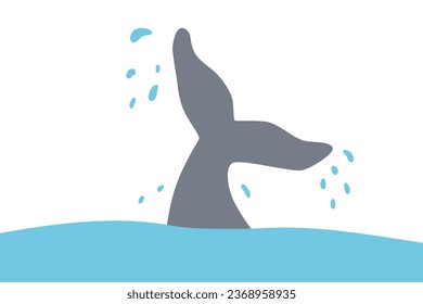 Whale tail above ocean water with many drops around, vector