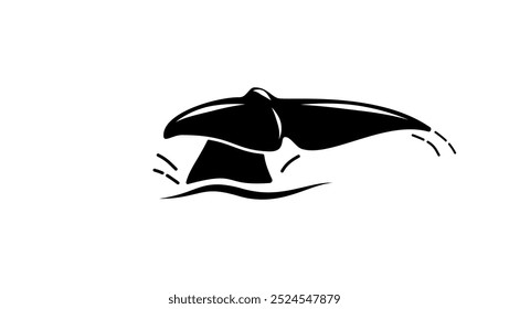 Whale tail above water, black isolated silhouette