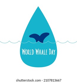 Whale Tail in Blau tropfen saubere Ozeane und Wellen und Wal-Weltwal-Tag handschriftlich Lettern. Weltwale Tag abstrakte Zeichen und Symbol. Vektorflache Illustration für Karte, Logo, Banner.