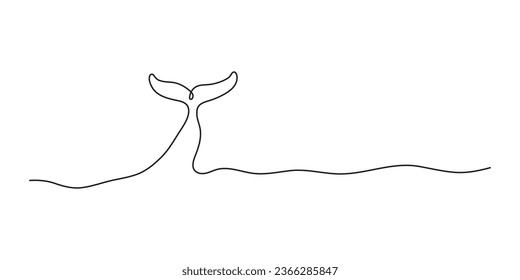 Dibujo continuo de cola de ballena. Animales en peligro de extinción para el símbolo del Día Mundial de la Ballena. Arte de línea minimalista aislado en fondo blanco con espacio de copia