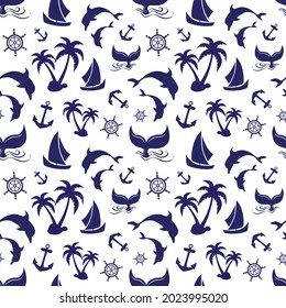 Whale tail, dolphin, anchor, sailing wheel, palm trees, nautical elements seamless pattern on white background. Vector illustration.