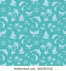 Whale tail, dolphin, anchor, sailing wheel, palm trees, nautical elements seamless pattern on blue background. Vector illustration.