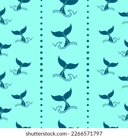 Whale tail fin. Dolphin pin. Doodle pattern. Repeated texture sea with shark in ocean water. Wild nature fish. Swimming underwater animals. Marine waves. Vector seamless background