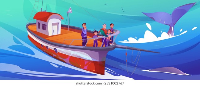 Cauda de baleia e barco de peixe no fundo dos desenhos animados do mar. Crianças em arrastão com homem em aventura náutica. Ondas oceano e pessoas sorridentes conceito pano de fundo. Pescador no gráfico de jogo de navio vermelho