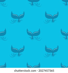 Whale tail flat seamless pattern on blue background. Vector illustration.