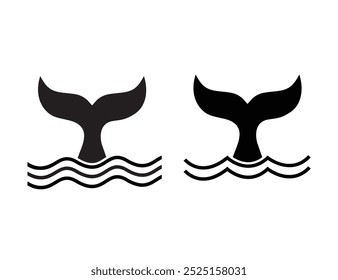 Whale tail graphic icon. Whale tail sign isolated on white background. Sea life symbol. Logo design template. Vector illustration. Whale tail with waves icon.