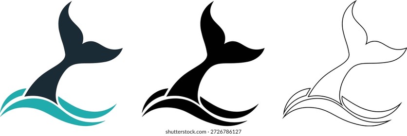 Conjunto de ícones da cauda da baleia vetor - Ocean Wave Whale Fluke Symbols in Color, Black and Outline