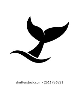 whale tail icon. Whale tail with waves icon. Dolphin, orca, beluga or another marine mammal sign. Black cetacean animal fin silhouette isolated on white background.