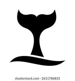 whale tail icon. Whale tail with waves icon. Dolphin, orca, beluga or another marine mammal sign. Black cetacean animal fin silhouette isolated on white background.