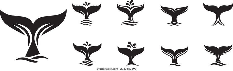 Whale Tail Icons Bundle Ocean Marine Animal Vector Collection EPS