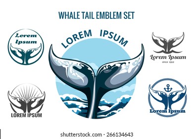 Whale tail logo or emblem set. Only free font used. Isolated on white background.