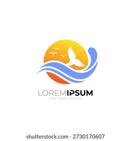 Logotipo da cauda da baleia no meio do alto mar, logotipos da vida marinha