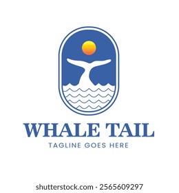 Whale Tail Logo Vector Illustration Simple Vintage Design Whale Tail Icon Badge with Waves