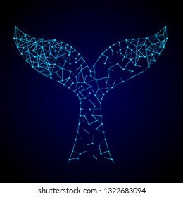 Whale tail from luminous points and lines. Shape isolated on dark background. Vector illustration
