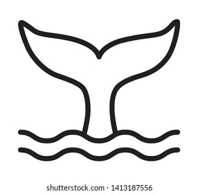 Whale tail or mermaid tail making waves line art vector icon for wildlife apps and websites