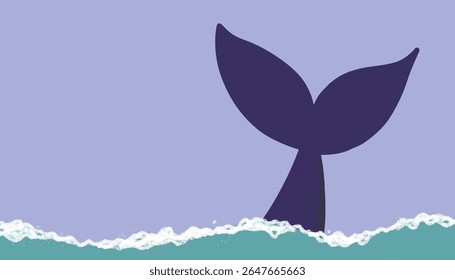 Whale tail in the ocean cartoon hand drawn illustration. The waves with sea foam. Wildlife background. Deep blue tail up. Backdrop with copy space. Template for banner, poster, greeting card, invitati
