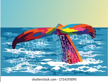 Whale tail in the ocean on wpap pop art for background and illustration