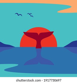 Whale Tail at Ocean Sunrise minimalist flat vector poster. Powerful dynamic ocean mammals cartoon design. Wildlife underwater sea background illustration. Save whales oceanic animal banner template