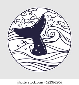 Whale tail in the ocean. Vector han drawn illustration.
