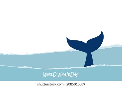 Whale tail on Blue Abstract waves Background. Minimalist collage style design. Hand drawn whale tail with ocean. Fashionable trend vector World Whale Day illustration with copy space.