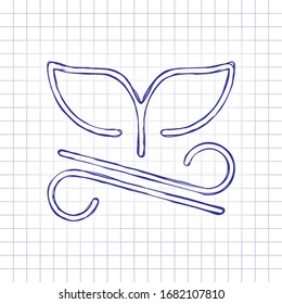 Cola de ballena en onda, diseño de contorno. Imagen dibujada a mano en papel. Tinta azul, estilo de esbozo. Doodle sobre fondo a cuadros