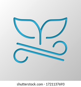 Whale tail on wave, outline design. Paper design. Cutted symbol with shadow