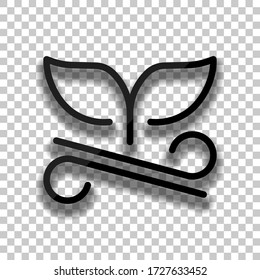 Whale tail on wave, outline design. Black glass icon with soft shadow on transparent background