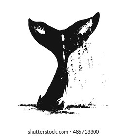 Whale tail out of the water picture on white background, abstract vector illustration