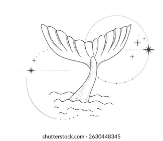 Whale tail retro dots texture with water splash circles stars line sketch minimal geometric tattoo. Mermaid or ocean mammal with waves vintage.
