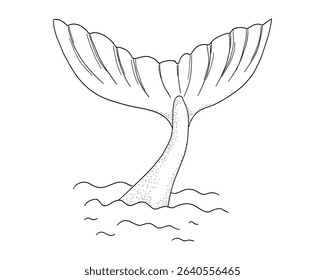 Whale tail retro dots texture with water splash circles stars line sketch minimal geometric tattoo. Mermaid or ocean mammal with waves vintage.