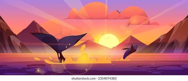 Whale tail in sea on sunset cartoon illustration. Humpback fin swim in ocean water with mountain view graphic landscape panorama. Birds on purple pink skyline wild environment outdoor wallpaper