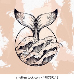 Whale tail in sea waves, boho blackwork tattoo. Ocean line art drawing. Vector illustration, nautical symbol, tattoo design, sketch isolated on grunge for t-shirt print, poster, textile.