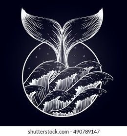 Whale tail in sea waves, boho blackwork tattoo. Ocean line art drawing. Vector illustration, nautical symbol, tattoo design, sketch isolated on dark for t-shirt print, poster, textile.