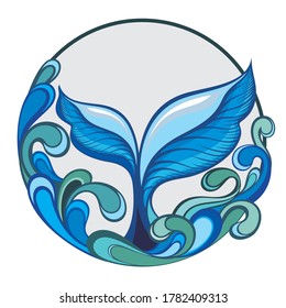 Whale tail in sea waves, ocean tattoo. Ocean  drawing. Vector illustration