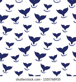 Whale tail seamless pattern vector. Simple Marine background blue and white. Silhouette of whale fin. For fabric, baby clothes, wrapping paper, kids decor, wallpaper.