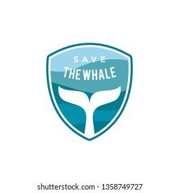 whale tail and shield logo design vector template illustration. save the whales, save the ocean, whale protection symbol icon