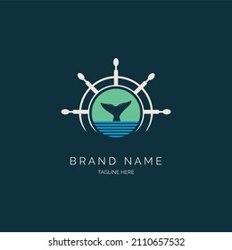 whale tail ship wheel logo design template vector for brand or company and other