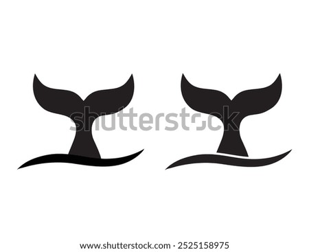 Whale tail sign isolated on white background. Whale tail with waves icon. Dolphin, orca, beluga or another marine mammal sign. Black cetacean animal fin silhouette isolated on white background.