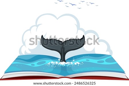 Whale tail splashing out of an open book