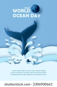 Cola de ballena con agua salpicada y la redacción del día del océano sobre fondo de patrón de papel azul. Campaña de afiche conceptual del Día Mundial del Océano en capas estilo de corte de papel y diseño vectorial. 