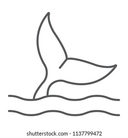 Whale tail thin line icon, aquatic and animal, sea life sign, vector graphics, a linear pattern on a white background, eps 10.