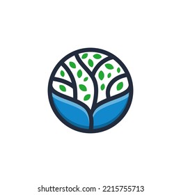 Whale tail and tree organic leaves circular creative logo design concept