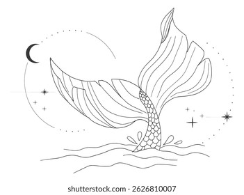 Whale tail with water splash circles stars and moon line sketch minimal geometric tattoo. Mermaid or ocean mammal with waves vintage.