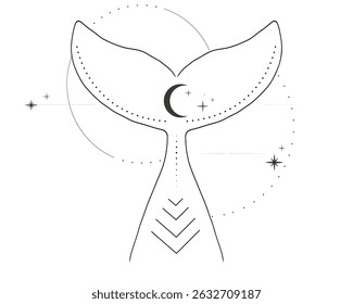 Whale tail with water splash circles stars and moon line sketch minimal geometric tattoo. Mermaid or ocean mammal with waves vintage.
