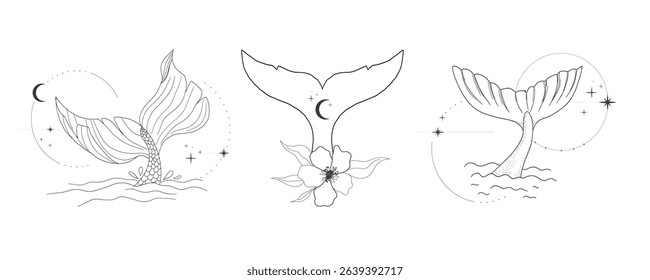 Whale tail with water splash circles stars and moon line sketch minimal geometric tattoo set. Mermaid or ocean mammal with waves vintage.