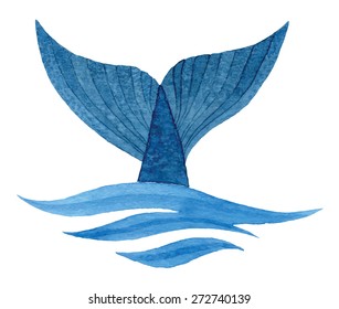 Whale tail in wave - hand drawn watercolor vector illustration